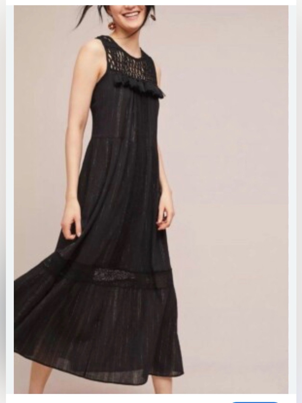Anthropology Maeve Black Maxi Dress with Crochet Tassel Yoke